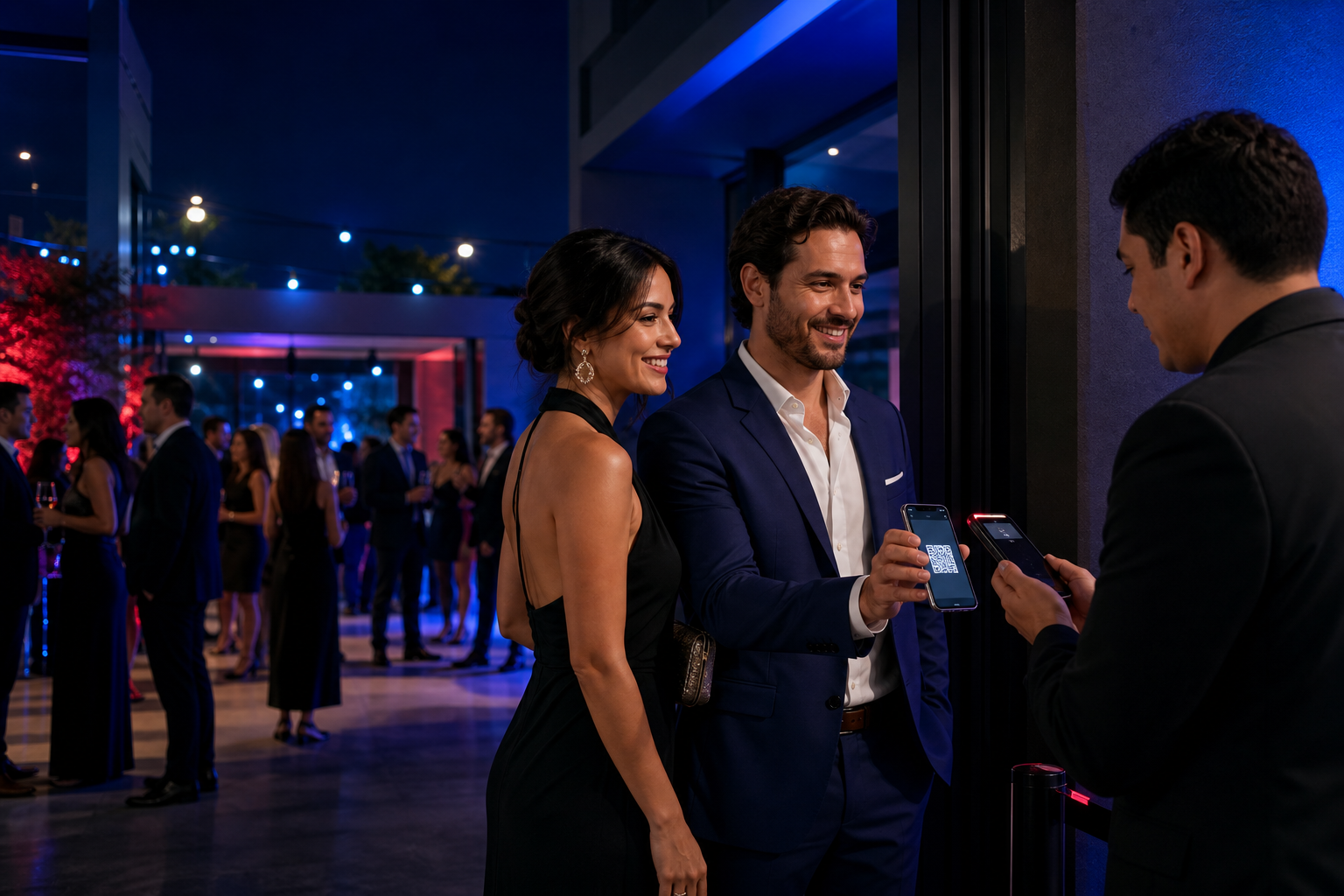 Invitados validando su entrada QR en un evento elegante
